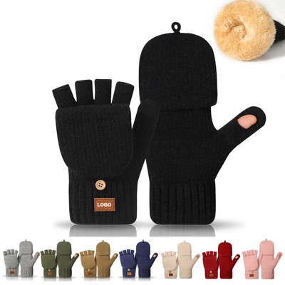 Winter Convertible Fingerless Gloves Warm and Soft Thermal Lined Knitted Gloves for Women Men