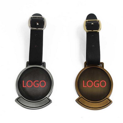 Round Metal Luggage Tag With Leather Strap