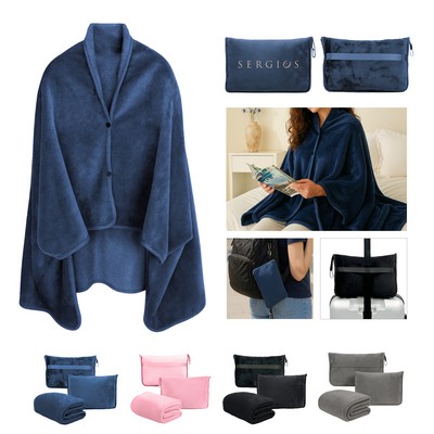 40" x 60" Fleece Grab-N-Go Travel Pillow and Shawl Blanket w/ Carabiner