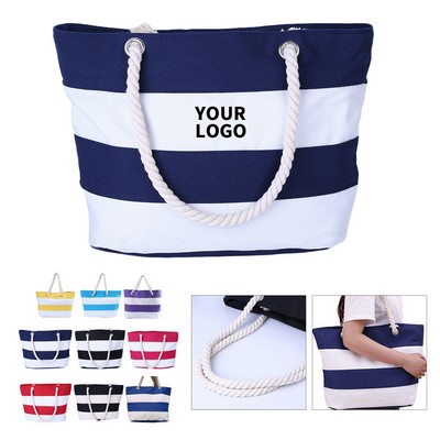 Striped Canvas Tote Bag With Drawstring